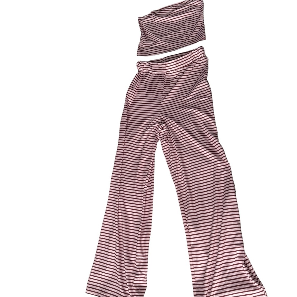 Pink & Red Striped Two-Piece Set - Tube Top & Flare Leg Pants - Size XS